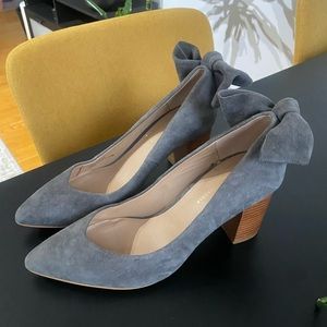 gray suede pumps with bows